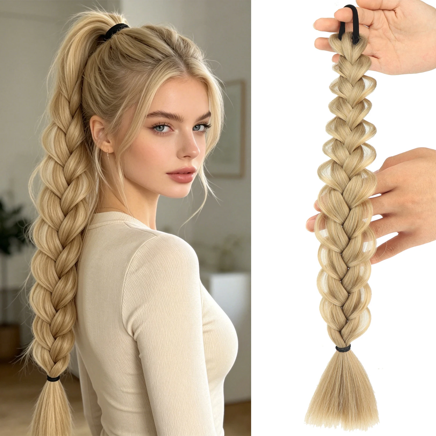 고무줄이 달린 합성 트위스트 브레이드 포니테일, 여성용 블랙 블론드 포니테일..