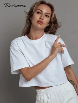 Hirsionsan 100% Cotton Short T Shirt Women 2024 New Y2k Summer Basic Vintage Tees Casual Loose Chic O Neck Female Crop Tops 1