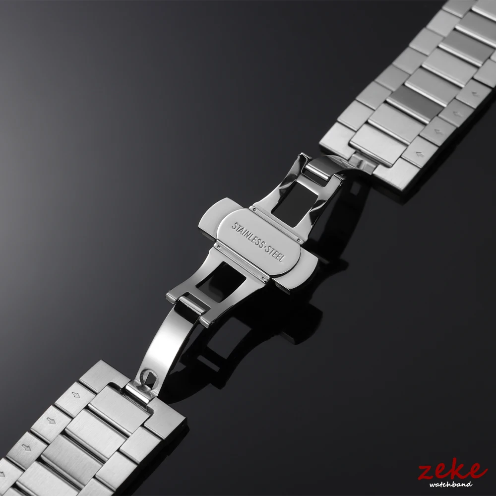 Men's Solid Stainless Steel Watch Strap - Silver Metal Band with Double Press Butterfly Buckle & Quick Release