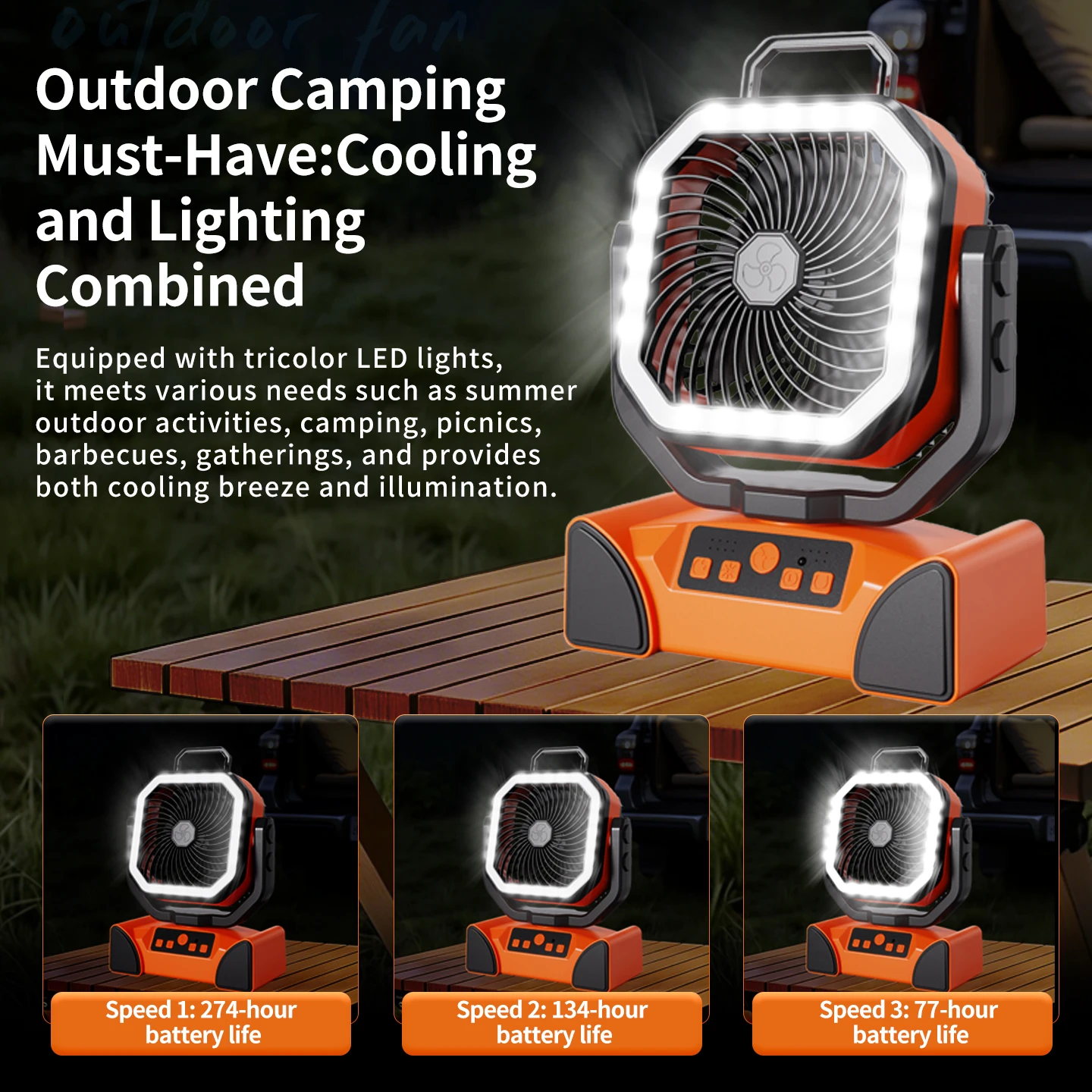 Ventilateur de camping rechargeable 50000 mAh avec lumière LED et télécommande, ventilateur suspendu extérieur pour tente, pêche, uragans - Autonomie de 100 heures 3