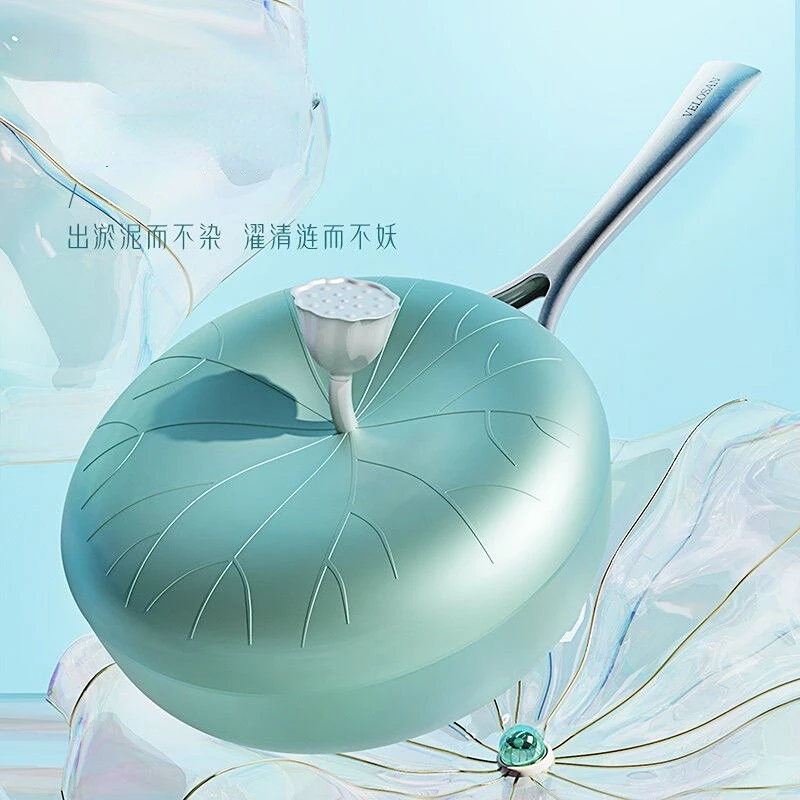 Green/Pink Lotus Leaf Frying Pan Skillets Non-stick Cookware Cooker Deepen Aluminium alloy Magnetic bottom 32cm