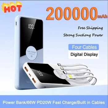 PowerBank 200000mAh Grande capacità con 4 cavi Caricabatteria portatile a ricarica rapida per IPhone16 15 14 Samsung Xiaomi