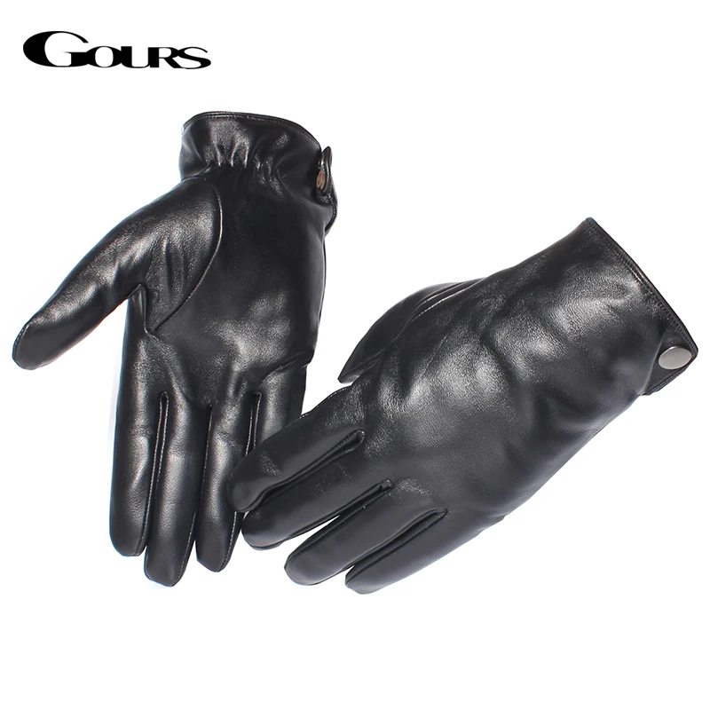 GOURS Real Leather Gloves Men Black Genuine Goatskin Touch Screen Glove Fashion Button Fleece Lined Soft Warm Driving New GSM051