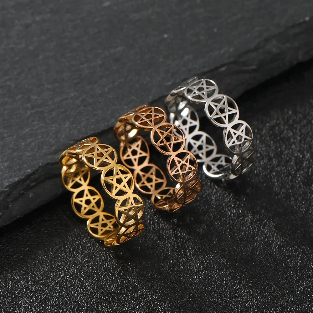 YILUOCD Stainless Steel Pentacle Ring Geometric Pentagram Ring for Women Wicca Protection Amulet Hollow Star Christmas Jewelry 2