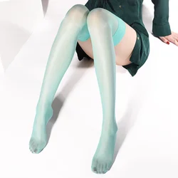Mint Green Shiny Silk Glitter Thigh High Stockings - Ultra Thin Transparent Lingerie - One Size (Mint Green)