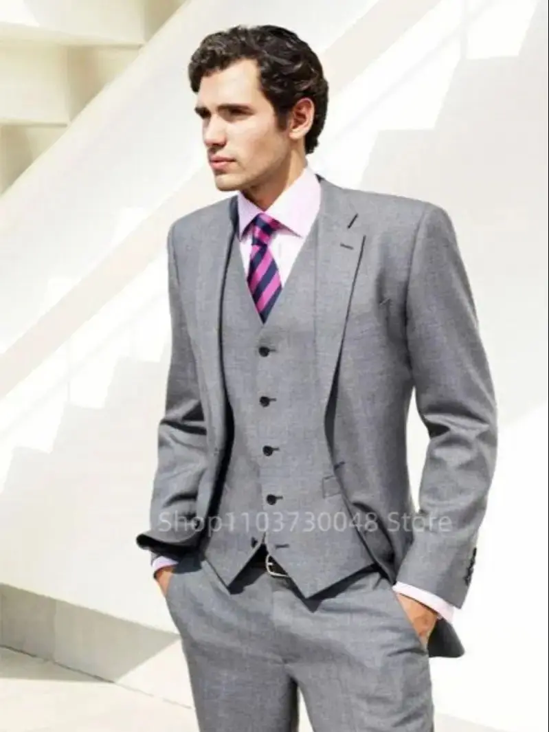 Men's Light Gray Slim Fit Formal Business Suit Wedding 3-Piece Set with Notch Lapel Blazer Vest And Trousers for Party Prom