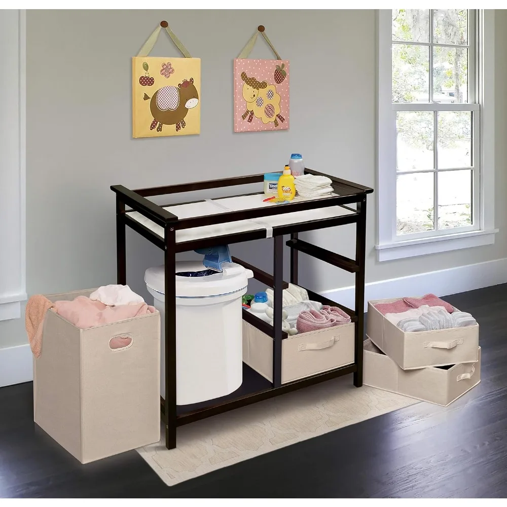 Modern Baby Changing Table with Laundry Hamper, 3 Storage Drawers and Pad, Diaper Change Station-Espresso/Ecru