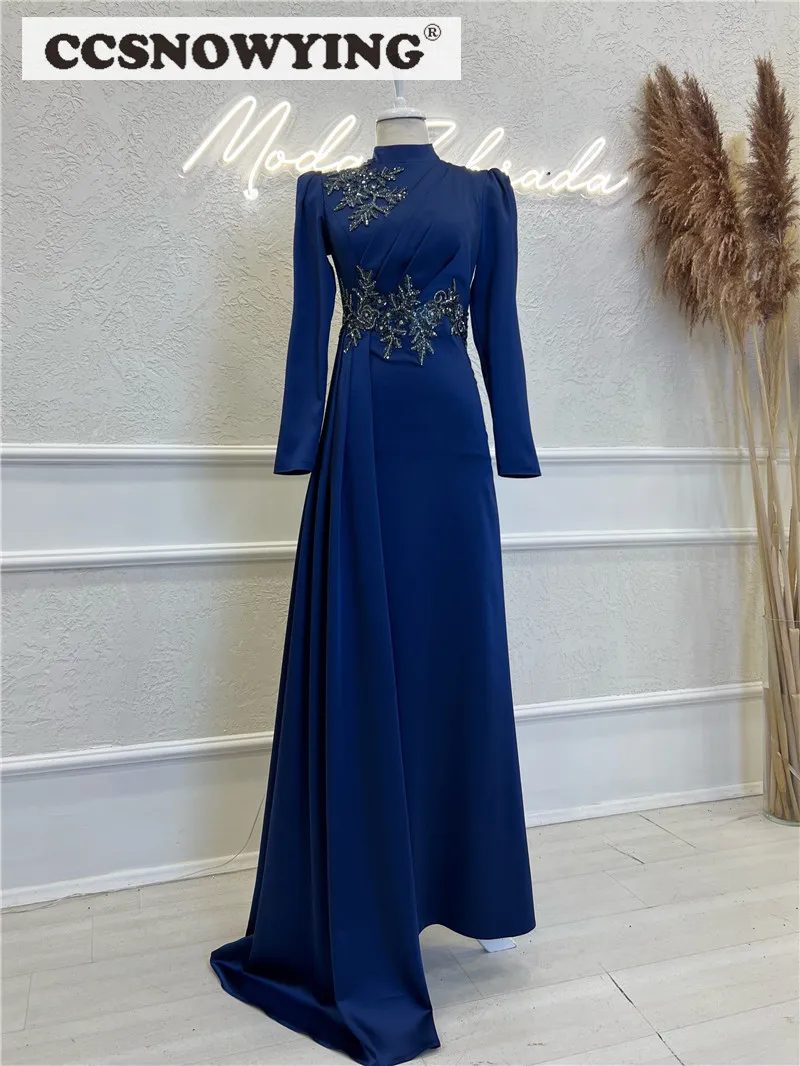 

Royal Blue Muslim Evening Dresses Long Sleeve Islamic Formal Party Gown Women High Neck Arabic Dubai Hijab Robe De Soiree