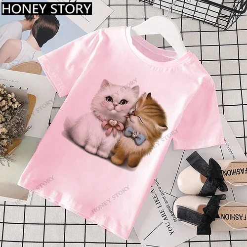 thumbnail image 1 of Camiseta rosa con estampado de gatos de dibujos animados para niños, camiseta de estilo occidental, manga corta para niños y niñas, ropa de Stranger Things, 1 of 5