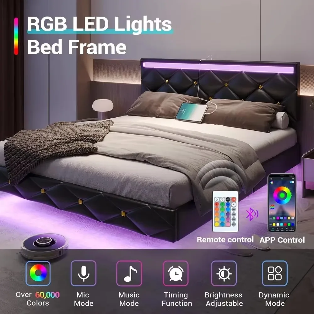Queen Floating Bed Frame with Headboard,Upholstered Platform Bed Frame with Led Lights Faux Leather Low Profile Bed,Black 4
