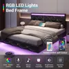 Queen Floating Bed Frame with Headboard,Upholstered Platform Bed Frame with Led Lights Faux Leather Low Profile Bed,Black 4