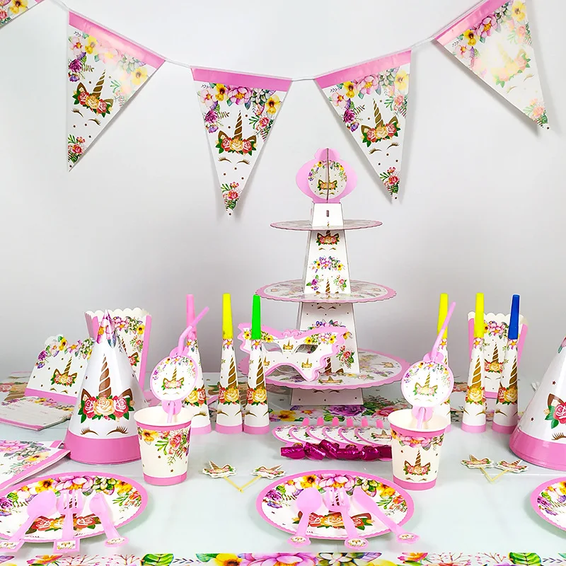 Unicorn Birthday Party Supplies Unicorn Theme Paper Cups Plates Cake Toppers Girl Birthday Party Decoration Supplies