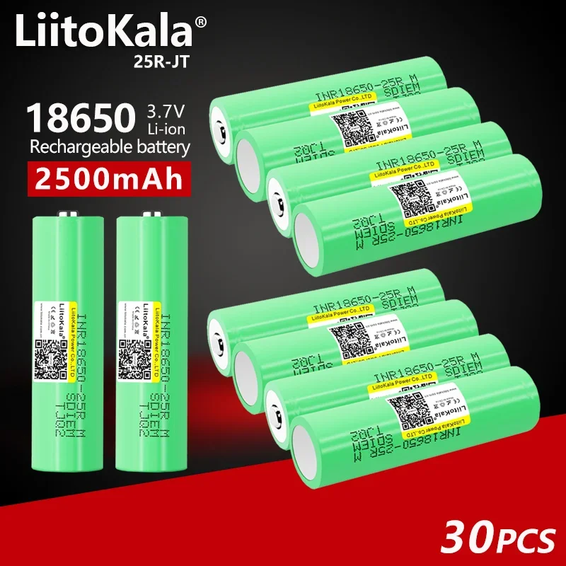 

30PCS LiitoKala 25R 18650 2500mAh Lithium Battery 20A 30A Discharge 18650-25R batteries for flashlight flat head