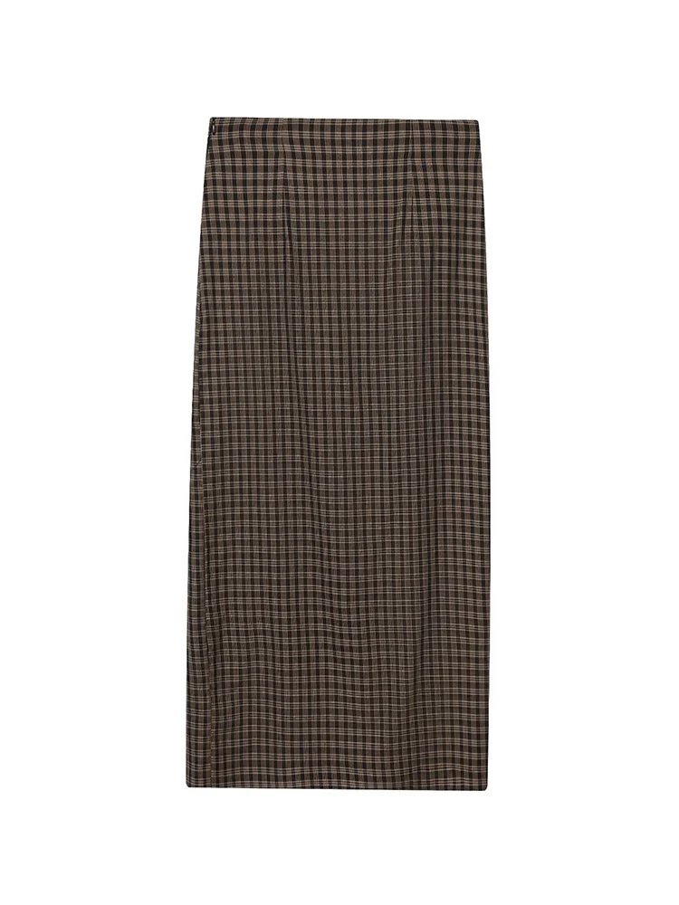  Women's High Waist Plaid Midi Skirt Fashion Casual Slimming Plaid Printed Straight Skirt Retro Style Elegant Lady Long Skirt