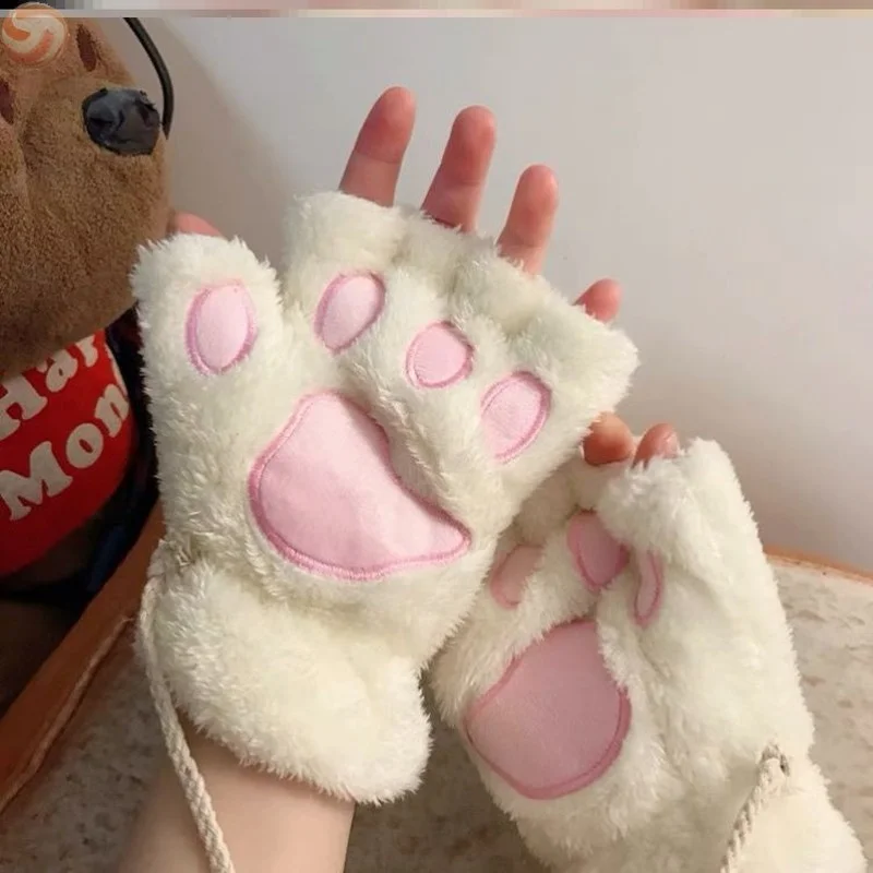 Cartoon Winter Gloves Women's Bear Plush Cat Paw Claw Gloves Cute Short Fingerless Fluffy Bear Claw Mittens For Girls Gift Party