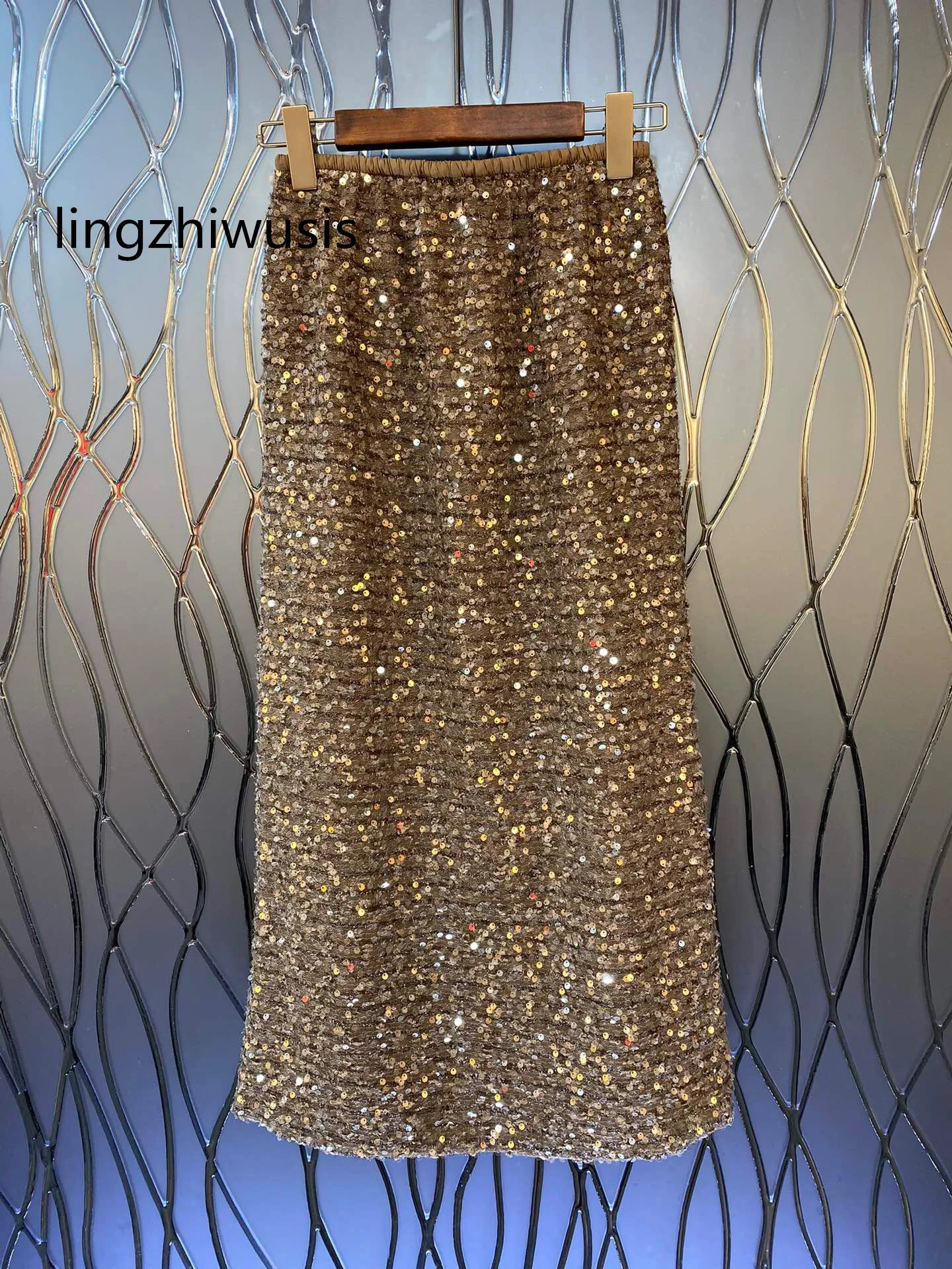 

Women Long Skirt With Sequins 2024 Spring Female Elastic Waist Slit Skirts New Arrive