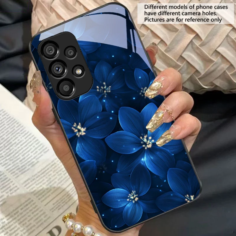 Blue and White Floral Black Tempered Glass Phone Case