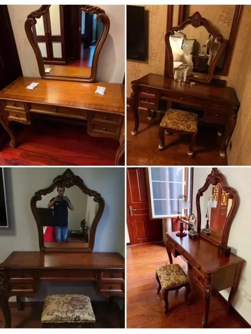 2024 American Dressing Table Bedroom Vintage Upscale Makeup Table European Solid Wood Carved Dresser Makeup Mirror Combination - Image 4