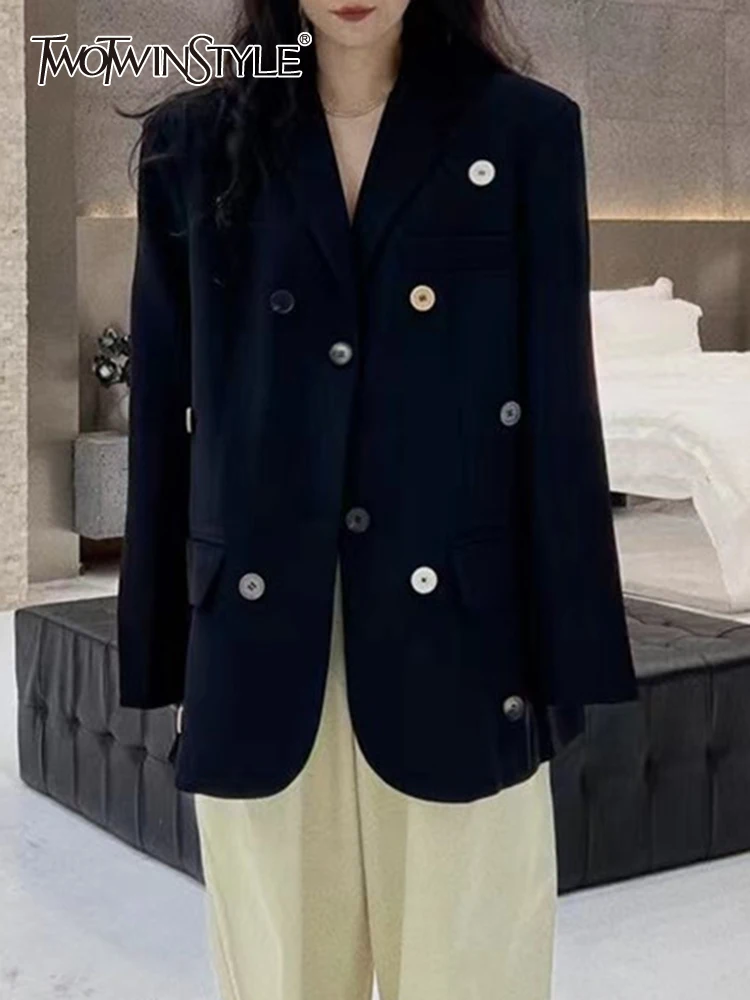 

TWOTWINSTYLE Patchwork Button Blazers For Women Lapel Long Sleeve Single Breasted Spliced Pocket Solid Casual Blazer Female 2023