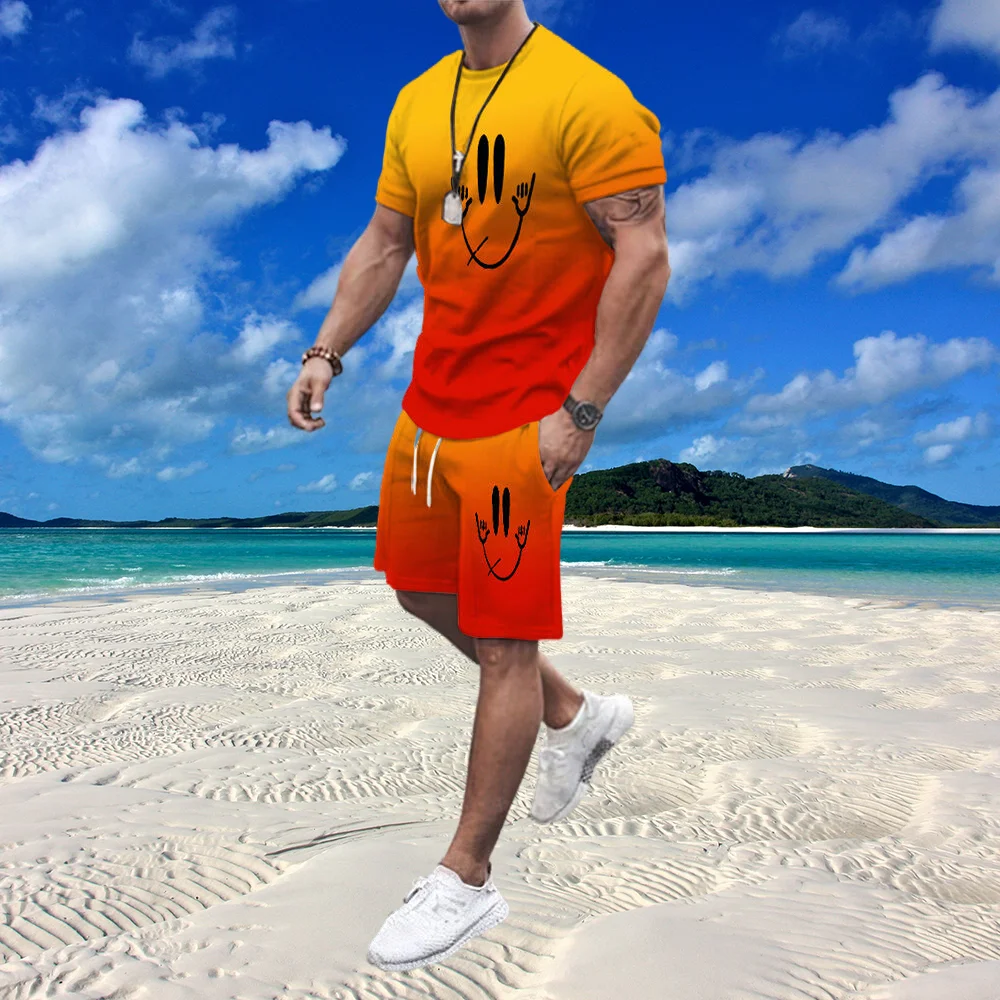 

Men's Sets Summer Tracksuit 3D Smiling Face Men's Fashion Casual Sportswear Oversized Short Sleeves T-Shirt+Shorts 2 Piece Set