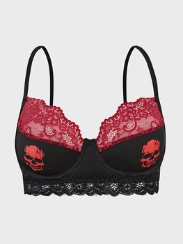 Ultra-Thin Lace Edged Skull Print Bra with Steel Ring Underwear Women's Fashionable Skeleton Patterned Bralette 1