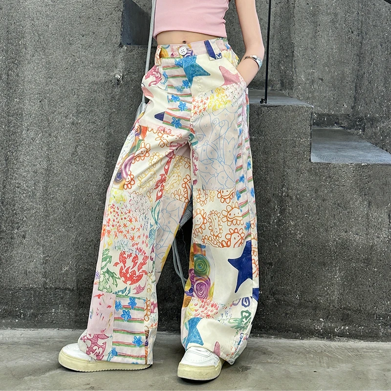 teen Funny Print Pants Girl Graffiti printed straight Wide Leg