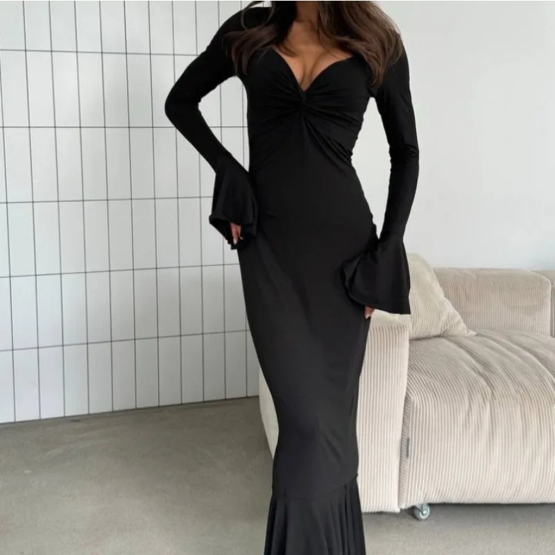 Robes longues pour femmes, nouvelle collection automne et hiver 2021, mode Sexy, col en v, manches à volants, jupes à manches longues
