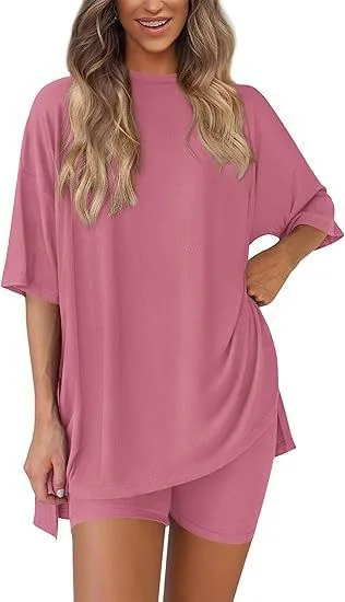 2026 Damen Oversize Zweiteiler Sommer Lässiges Lockeres T-Shirt und Biker-Shorts Set Loungewear – Detail 13