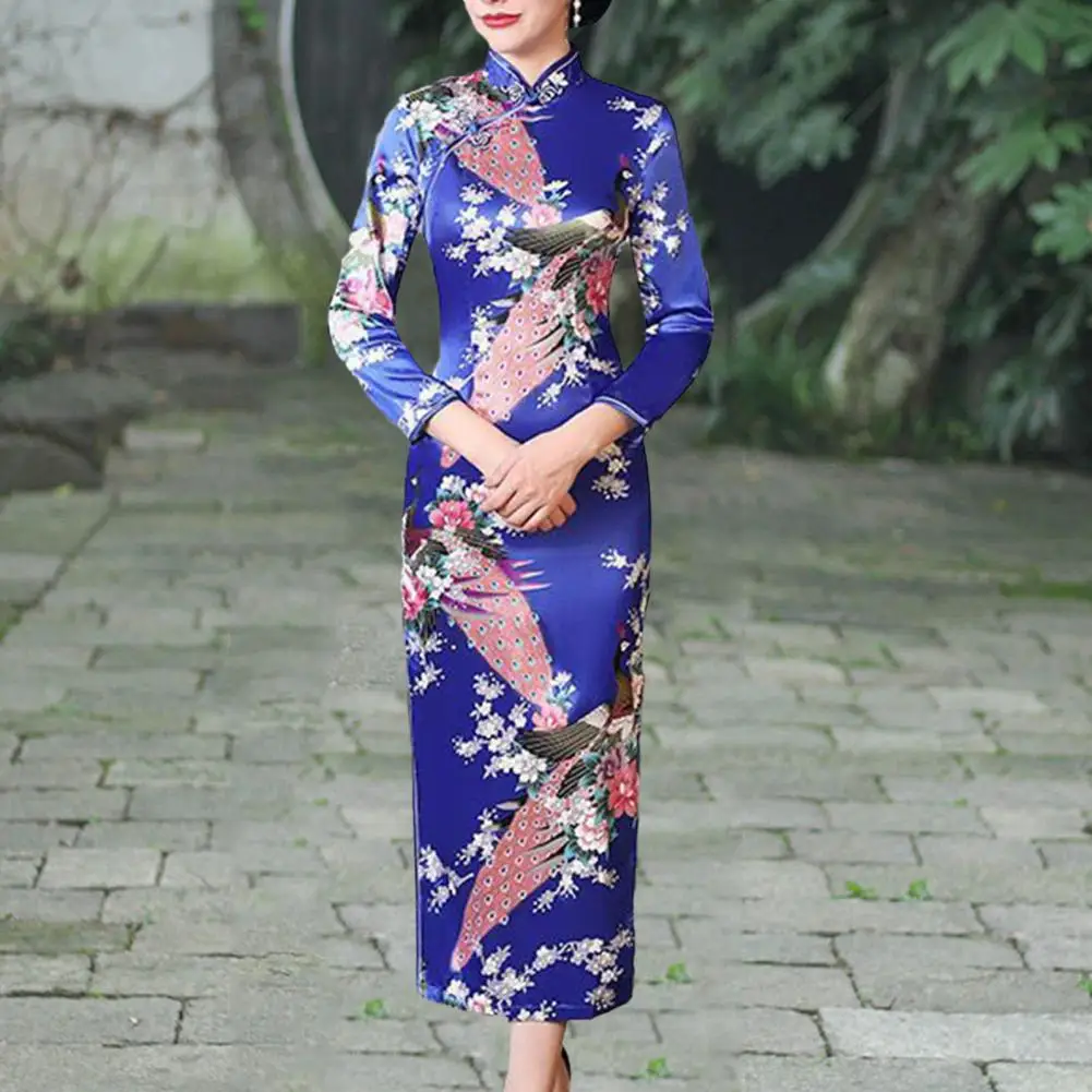 Women Dress Chinese National Style Three Quarter Sleeves High Side Split Cheongsam Satin Silky Slim Fit Summer Spring Qipao