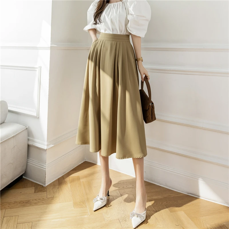 

4 Colors Chic Office Ladies Elegant Skirts 2023 Summer For Female Casual Loose Women A-Line High Waist Midi Skirt Korean L822
