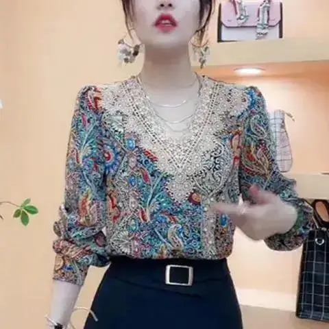 Spring Autumn Women's Lace New Bottoming Shirt Long Sleeve V Neck Blouse 5XL Top