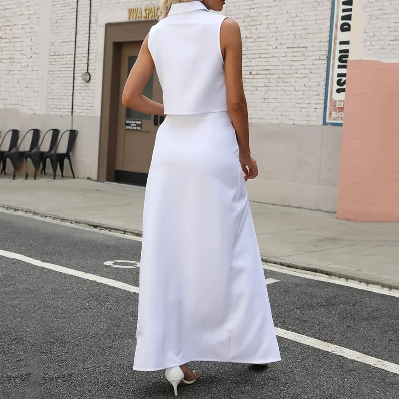 Wefads Two Piece Set Women Summer Fashion Solid Laple Sleeveless Single Breasted Button Shirt Top A Line Slit Long Skirt Sets