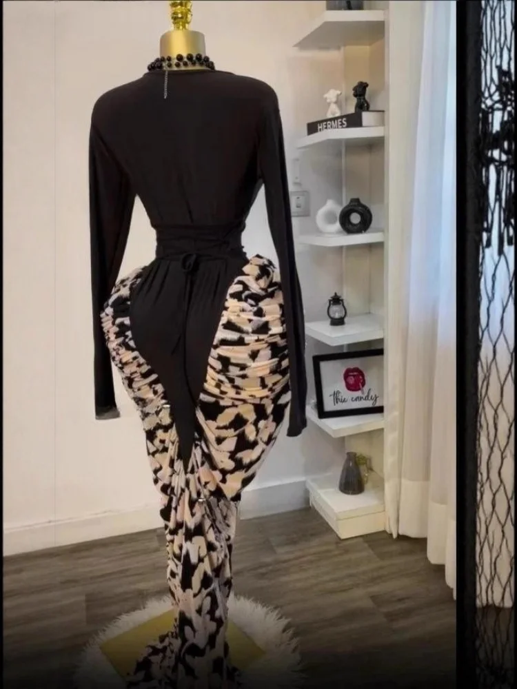 Wmstar Dress Women Wohesale A New Sexy Long Sleeved Printed Patchwork Pleated Form Fitting One Piece Autumn of 2025 One Pieces