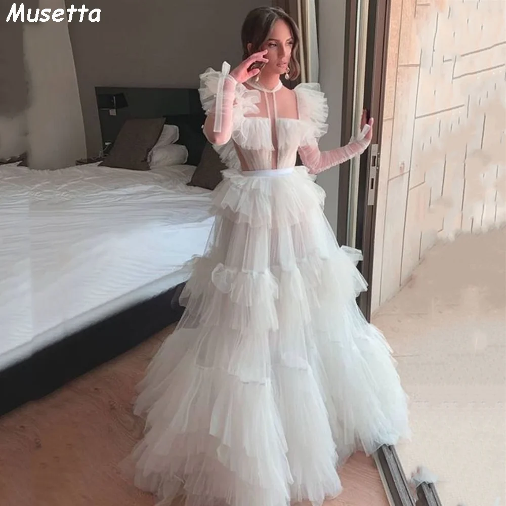 

Musetta Princess Long Sleeves Puffy Evening Gown Vestidos De Noche Sweet Multilayer Tulle Floor Lenght Tiered Prom Dress 2023