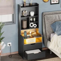 Charging Station Nightstand with LED Lights, Bookshelf, Drawers & Power Outlet for Bedside Storage 2