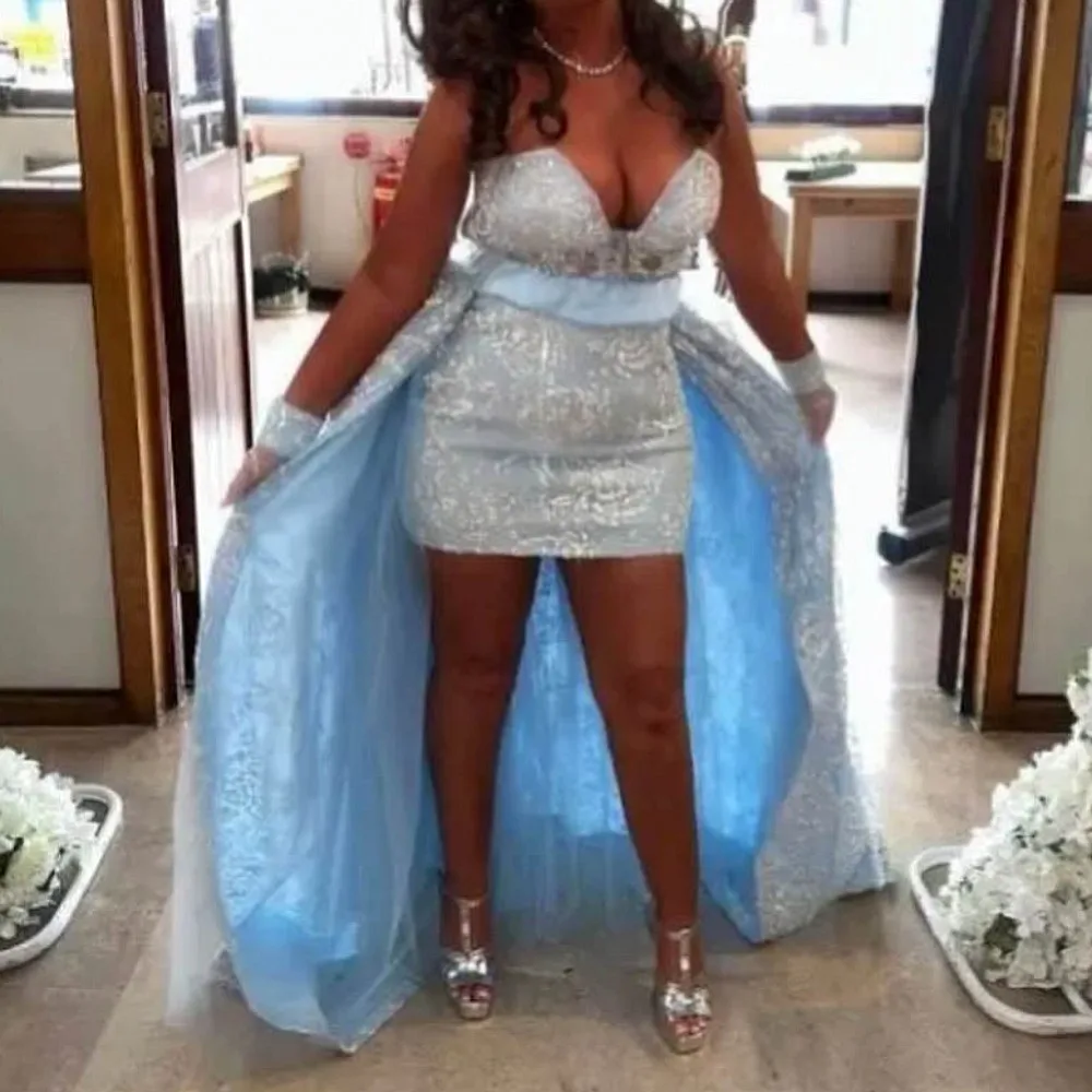 High Low Sky Blue Cocktail Dresses Sweetheart Sheath Mermaid Mini Party Dress With Back Train Girls Birthday Gowns