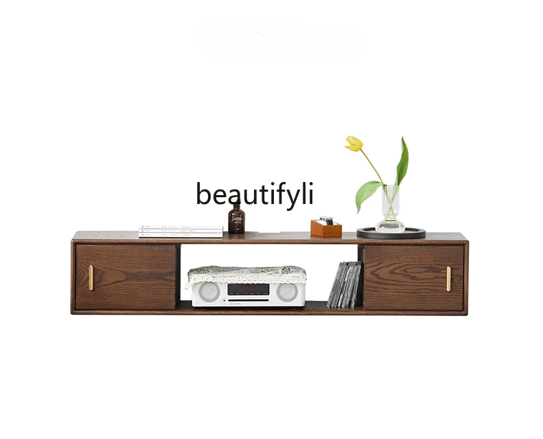 

Nordic Solid Wood TV Cabinet Wall-Mounted Black Walnut Color TV Stand Living Room Wall Cupboard