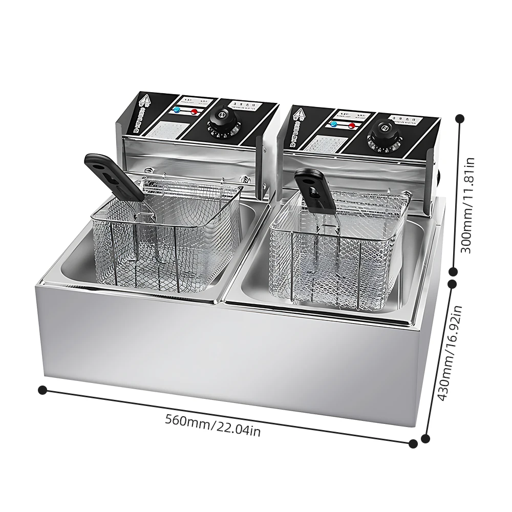 6L+6L Dual Tank Electric Deep Fryer with Removable Oil Filtration Basket and Lid 2*1.7KW Stainless Steel Automatic Thermostatic 2