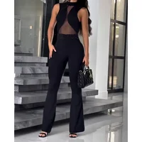 Sexy Women's Summer Mesh Hollow Out Jumpsuit Sleeveless Romper with Sheer Lace Panel High Waist Casual Wide Leg Pantsuit Outfit - Image 3