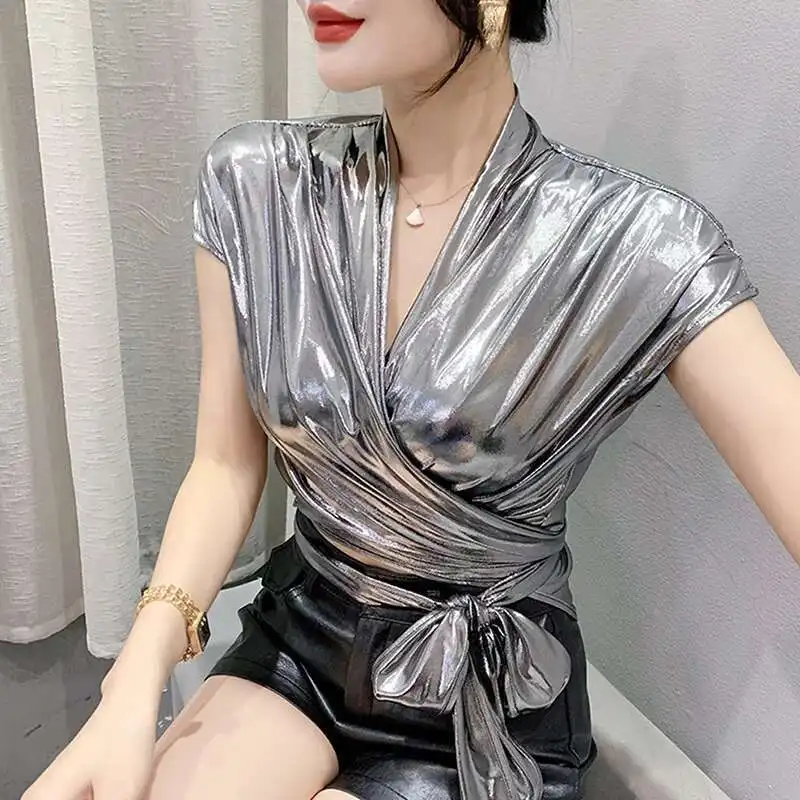 6872 골드 실버 그린 시니 민소매 티셔츠, 섹시한 스트리트웨어, 불규칙 짧은 랩 티셔츠, 여성 붕대, 여름