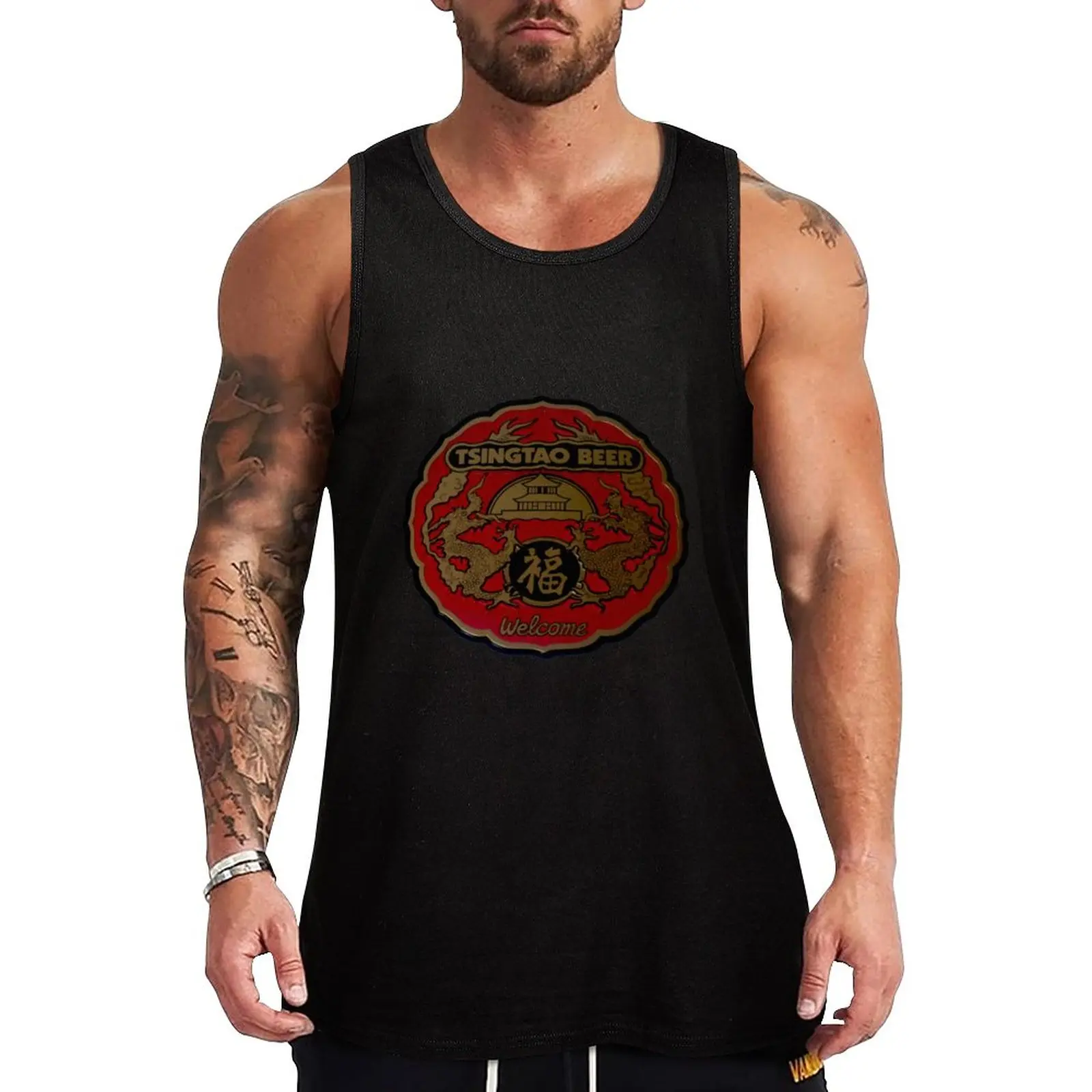 

New Classic Tsingtao Beer Sign Tank Top sleeveless gym shirt man fitness gym for men gym wear men Top