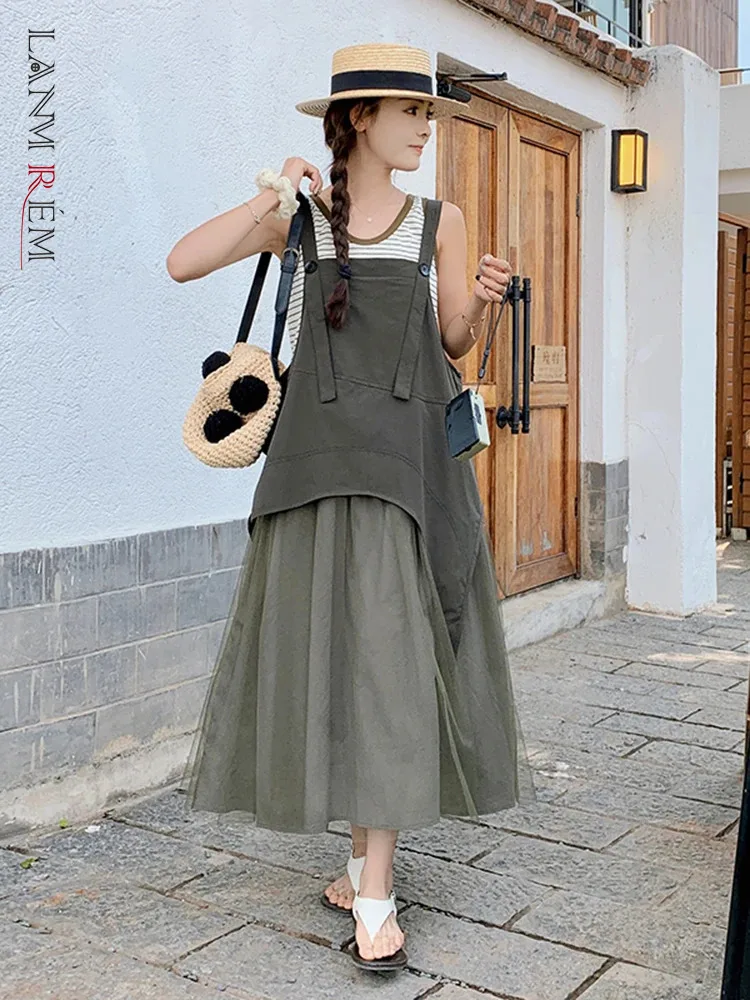 

LANMREM Mesh Patchwork Dress For Women Sleeveless Button Design Contrast Color Irregular Dresses 2024 Summer New Clothing 2Z1919