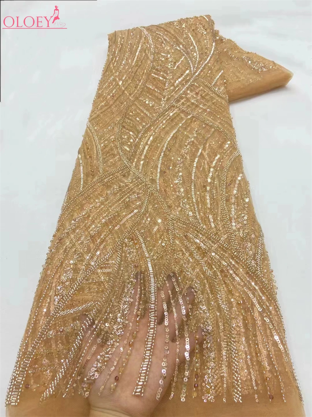 

2024 Fashion Elegant French Embroidery Beaded Lace Fabric African Nigerian With Sequins Fabric For Wedding Dress