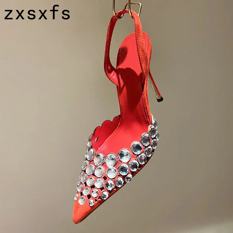 

Luxury Crystal Slingback Modern Sandals Women Leather High Heels Weeding Shoes Women Brand Rhinestones Open Toe Sandalias