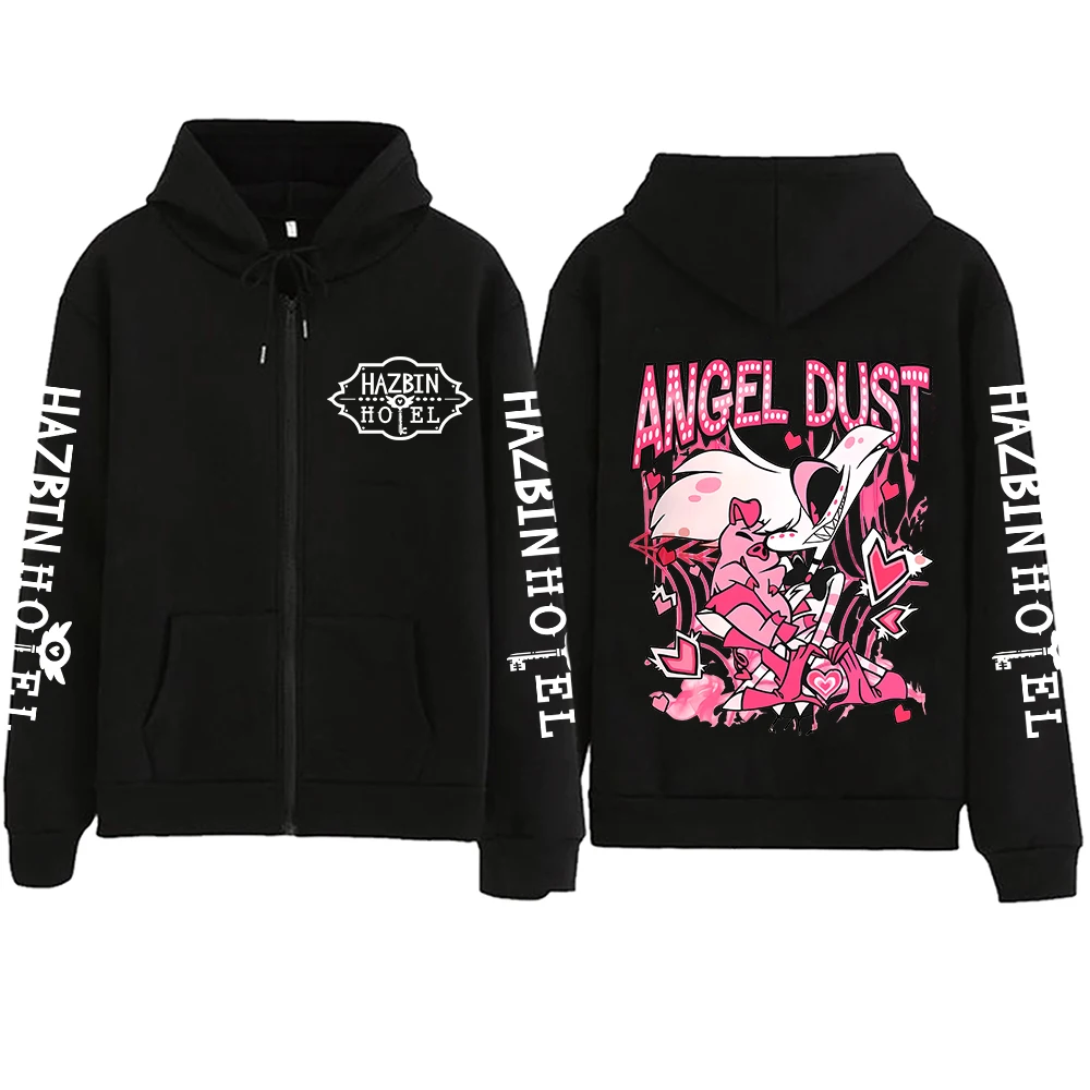 Harajuku-Style Mode Anime „Hell's Inn“ Angel Dust Reißverschluss-Kapuzenpullover für Paare mit Aufdruck Lässiger Sweatshirt