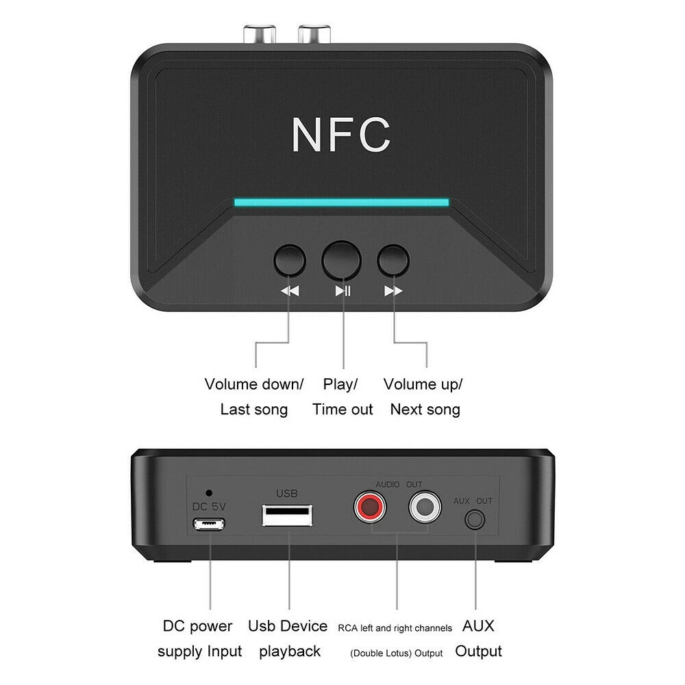 Audio Receiver Adapter NFC 3.5mm RCA AUX Output Wireless Bluetooth-compatible Aux Stereo Receptor For Amplifier Speaker