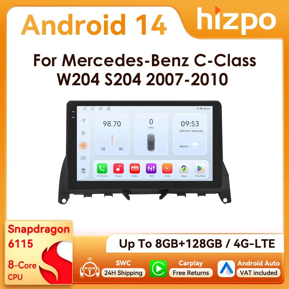 9" Hizpo 2Din Snapdragon 6115 Octa Core Wireless CarPlay Android Auto Autoradio für Mercedes Benz C-Klasse W204 S204 2007 - 2010