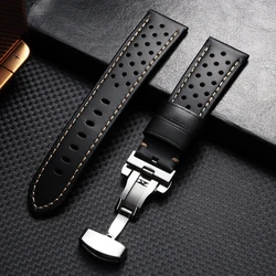 Elegant Cowhide Leather Strap with Butterfly Buckle - Soft & Breathable Business Men's Bracelet - 22mm (Black)