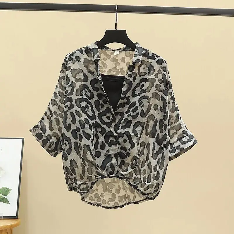 2025 Blusas Mujer De Moda Chiffon Shirts Sets Fashion Sexy Leopard V-neck Blouses Tunic Vest Suit Temperament Summer Loose Tops