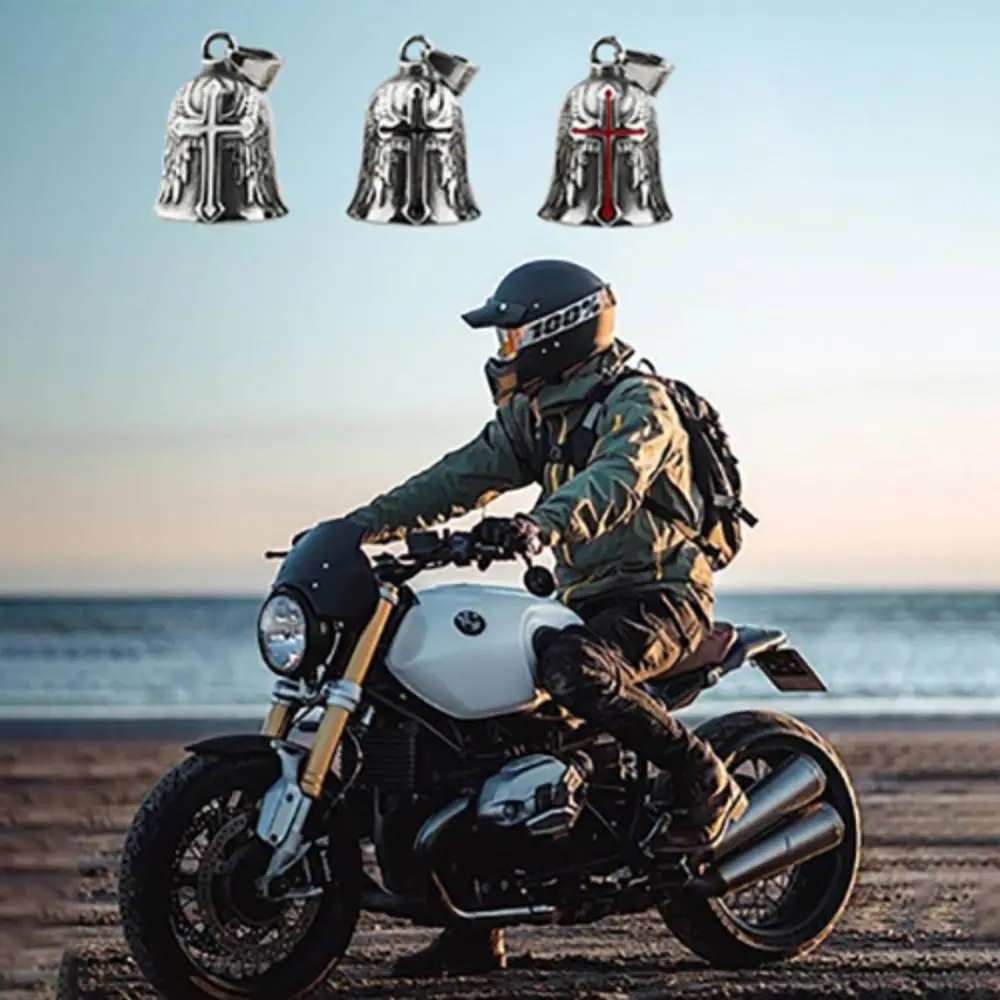 3D Design Motorcycle Guardian Bell Punk Style Retro Biker Good Luck Charm Alloy Wing Design Cross Pendant Bell Daily Wear